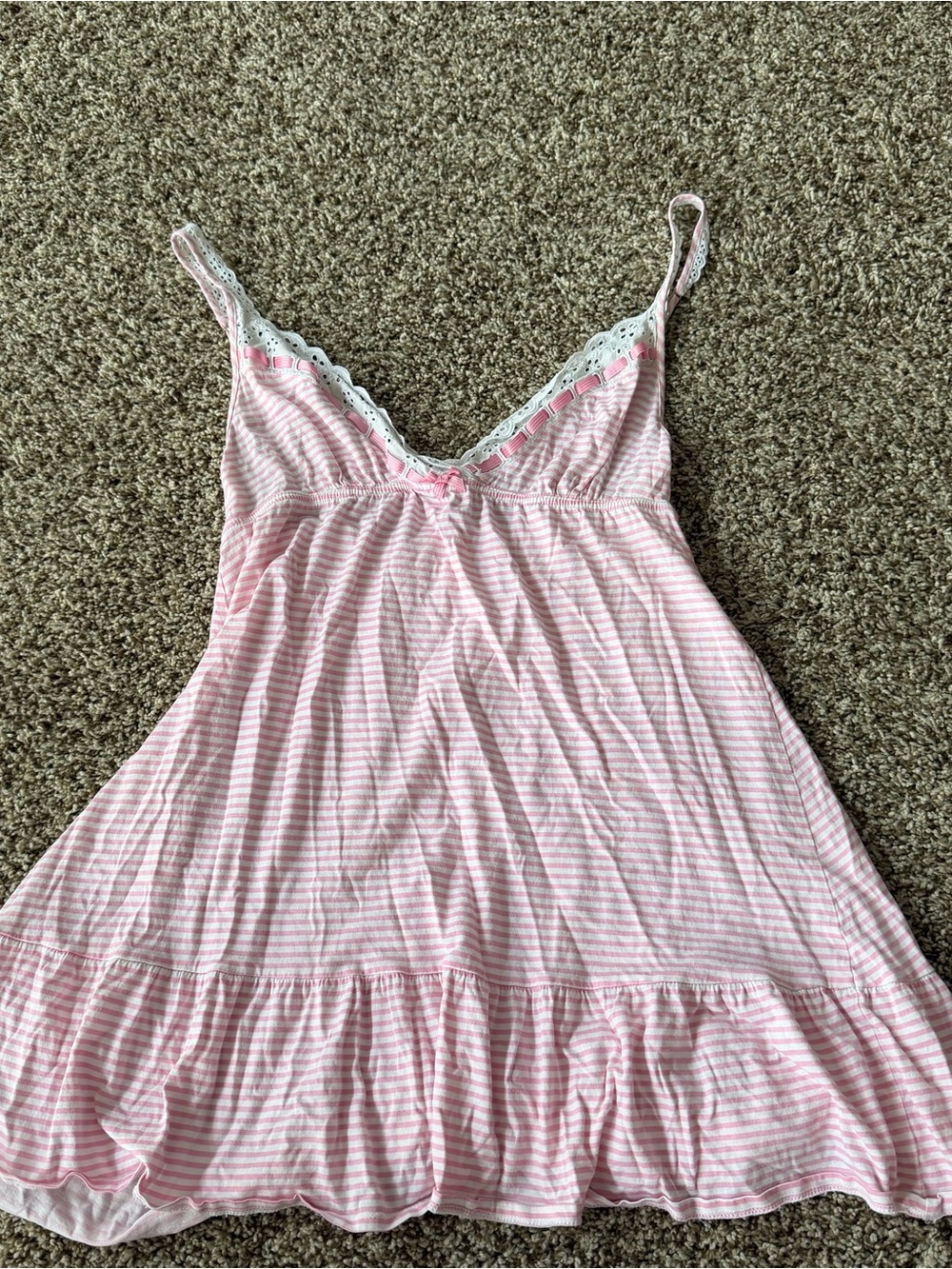 VS Vintage Y2K Pink Striped Eyelet Lace Trim Babydoll Dress Chemise Slip S